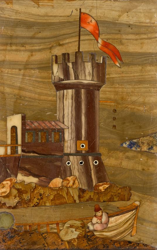 An Italian Florentine marble, hard stones and pietre tenere panel of the the Gran Ducal workshop, depicting a part of a tower fortification sea with a  red  flag  and a small boat with a figure. | MasterArt